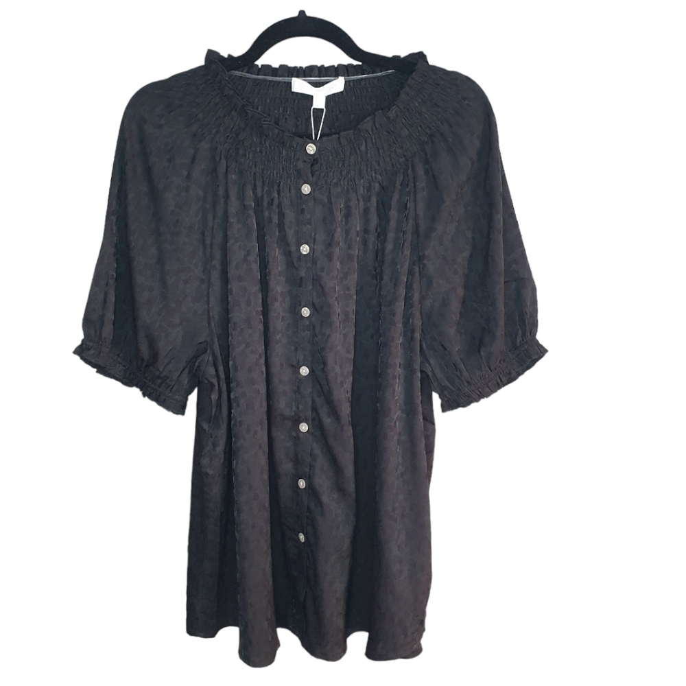 ADYSON PARKER Smock‎ Neck Jacquard Blouse Black Women's Plus Size 2X NWT